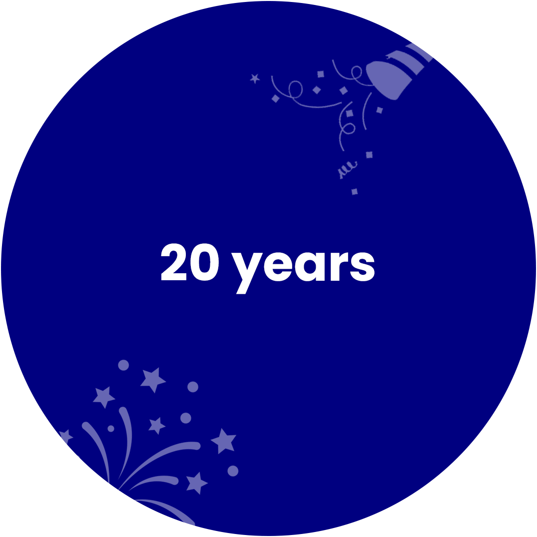 A blue circle with the words " 2 0 years ".